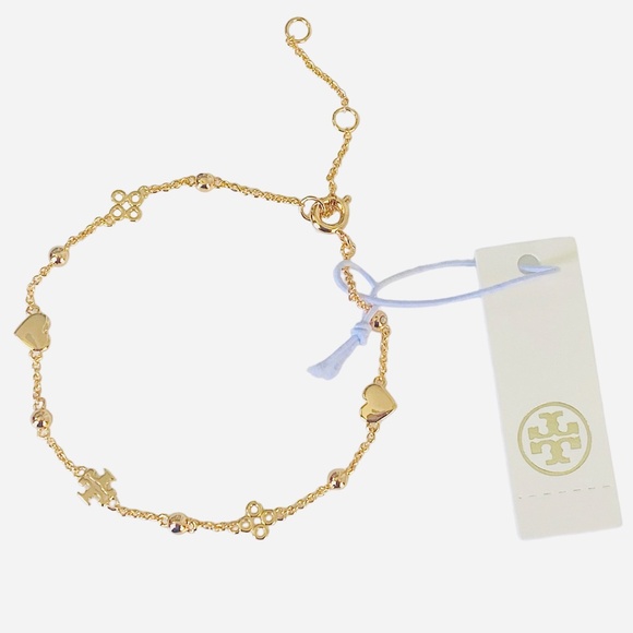 NEW Stunning Tory Burch Delicate Kira GOLD Bracelet Hearts Clovers RET $200 - Picture 1 of 6